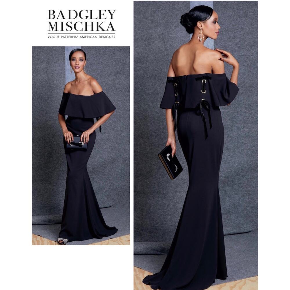 BADGLEY MISCHKA Off The Shoulder Grommet Crepe Evening Gown Black Size 4